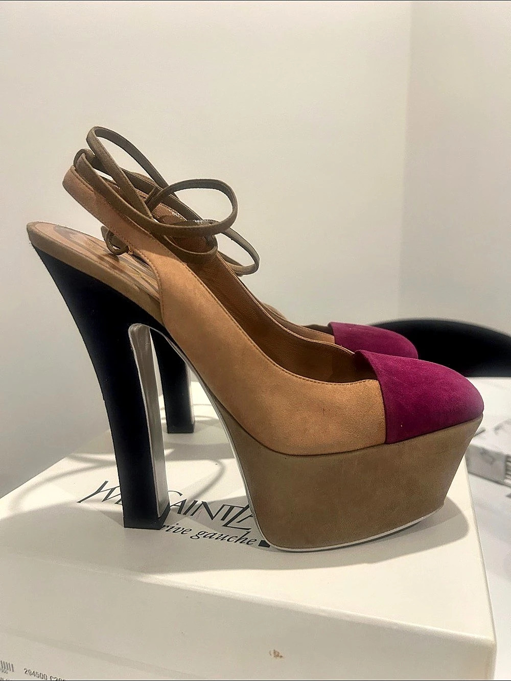Yves Saint Laurent Trib Too Platform Suede Heels in Brown & Pink US 8.5